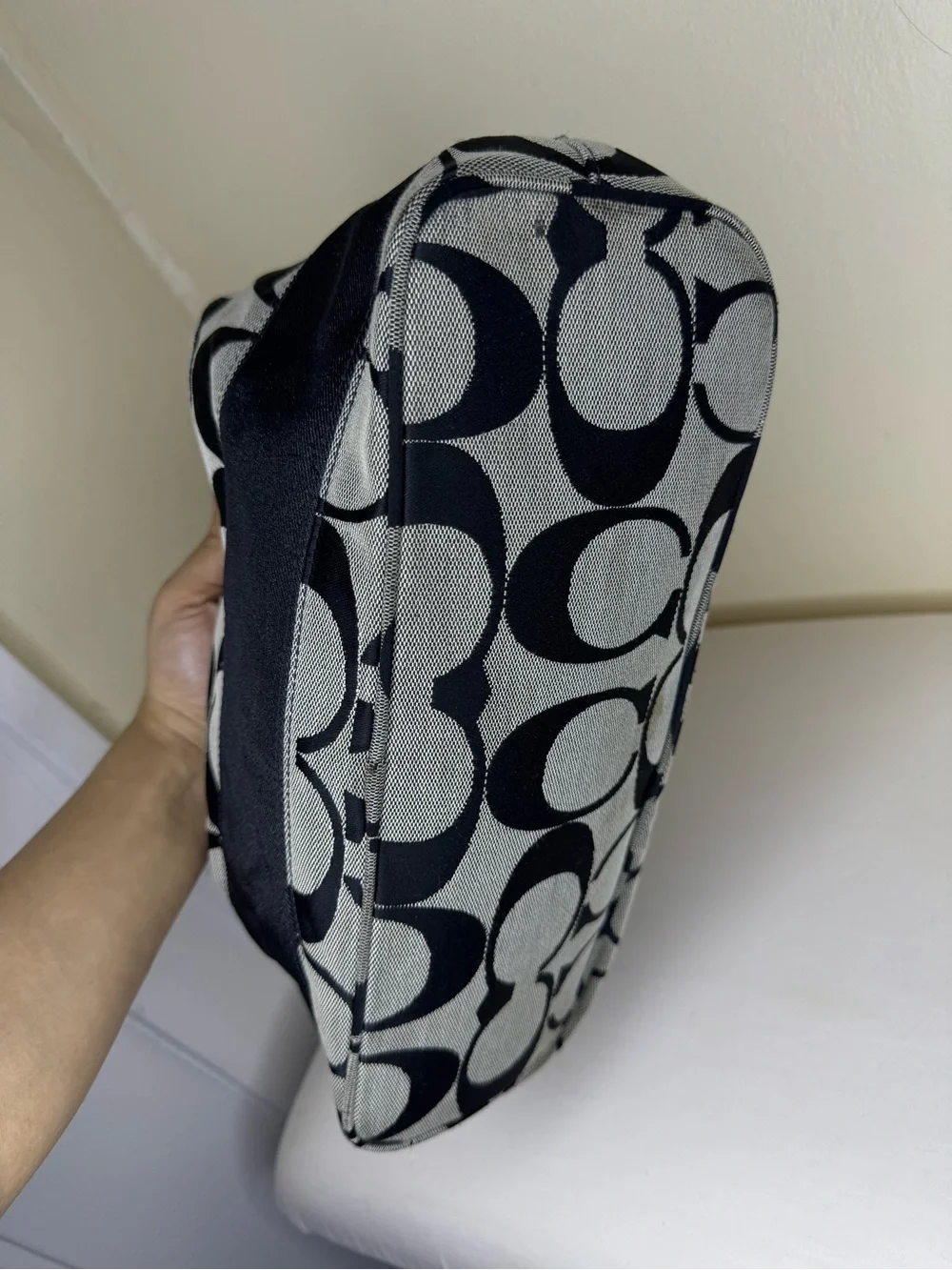Coach Black & Gray Signature Canvas Shoulder Bag with Leather Trim